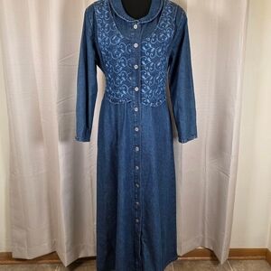 Vintage 90s Denim Maxi Prairie Dress Embroidered Button Front USA 10